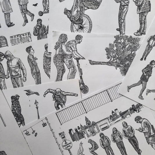 Drawing of tourists standing in front of The Beatles statues