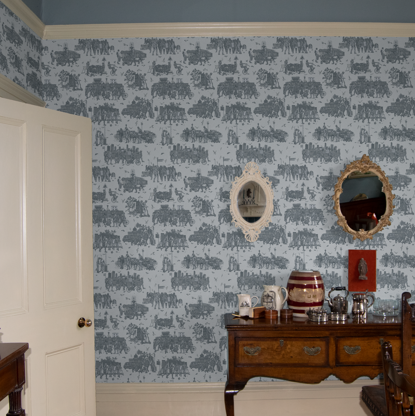 Liverpool Toile Kensington Blue Wallpaper